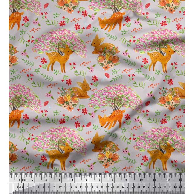 Soimoi Rayon Fabric Tree,Floral & Deer Animal Decor Fabric Printed Yard 42 Inch Wide