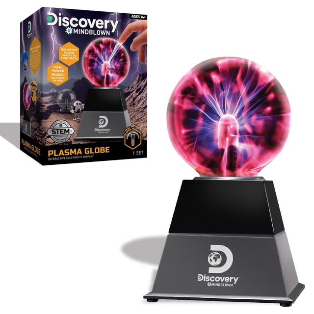 Discovery - Orbe Plasma 3 Po avec une Sphère en Verre de 3 Po Affichant des Vrilles Lumineuses Plasma Roses et Violettes Qui Réagissent au Toucher, Monté sur une base Noire et Grise Mettant en Vedette le logo Discovery #MINDBLOWN, Montré aux Côtés de Son Emballage Mettant en Valeur un Apprentissage STIM Interactif et des modes d'Alimentation Doubles via USB Ou Piles.