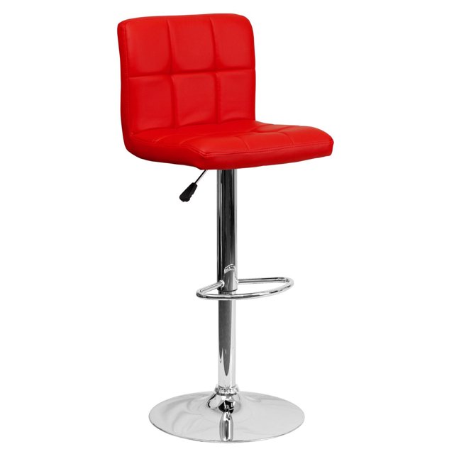 Contemporary Red Quilted Vinyl Adjustable Height Barstool with Chrome Base