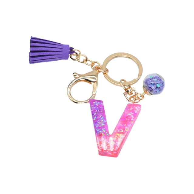 Hangs Pendant 2 Resin Glittering Letter Keychain with Color Stitching Flowing Design Purple Drop Glue English Character Key Chain