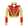 thumbnail image 4 of YiZYiF Girls Acrobatics Dance Tops Long Sleeve Rhinestone Shiny Color Block Cross Back Cutout for Gymnastics Sport Wear Red 6, 4 of 5