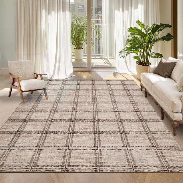 Washable Checkered 9x12 Living Room Rugs, Ultra Thin Non Slip Geometric Area Rug for Bedroom Dining Room, Low Pile Stain Resistant Farmhouse Throw Carpet for Home Office, Taupe