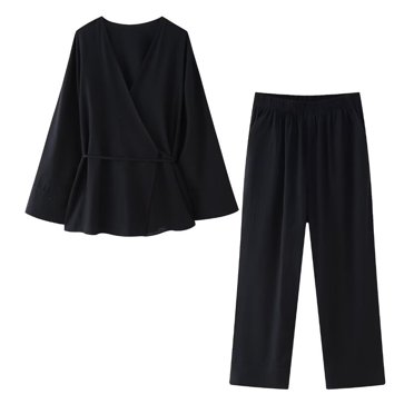 Annhoo Ensembles de Pyjama pour Femmes, Hauts à Manches Longues avec Cordon de Serrage et Pantalons à Jambe Droite, Tenue d'Intérieur en Coton et Lin pour l'Automne