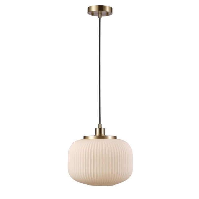 Novogratz x Globe Lily 1-Light Pendant Lighting with matte brass canopy and frosted ribbed glass shade suspended by an adjustable black cloth cord, suitable for living, dining, or office spaces and compatible with dimmable E26 bulbs.