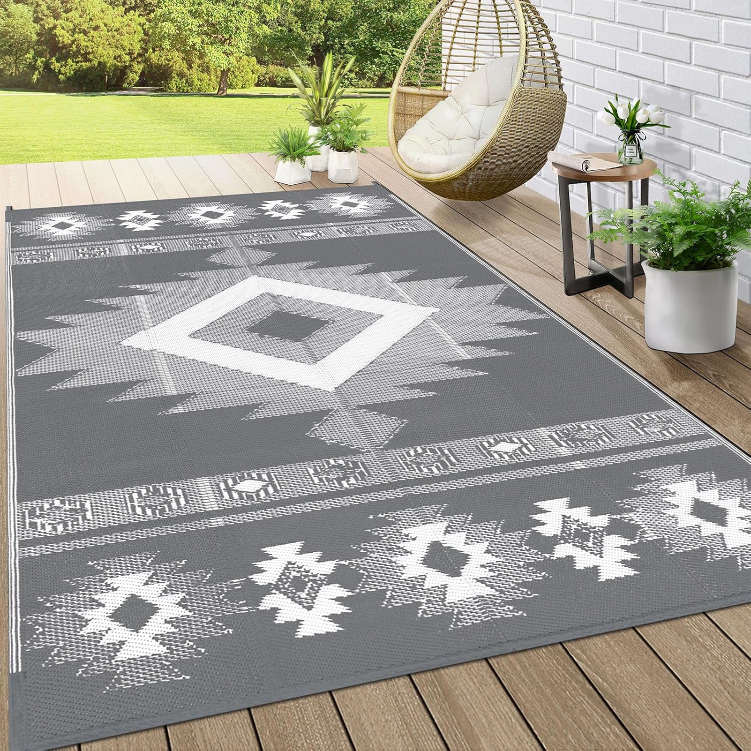 Findosom Tapis d'Extérieur Imperméable 5'x8', Tapis de Paille en Plastique Pliable et Réversible, Grand Tapis de Patio pour Extérieur, RV, Patio, Jardin, Terrasse, Pique-Nique, Plage, Camping Gris