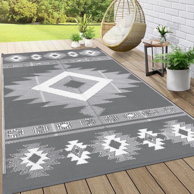 Findosom 5'x8' Waterproof Outdoor Rug, Foldable Reversible Plastic Straw Rug, Large Patio Rug for Outdoors, RV, Patio, Backyard, Deck, Picnic, Beach, Camping Gray