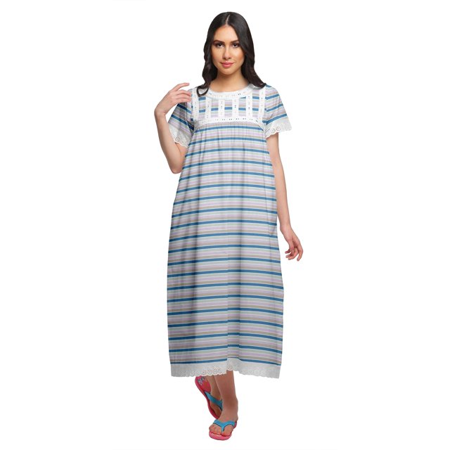 Moomaya Chemise de Nuit Maxi à Manches Courtes Imprimée, Boutonnée, en Coton, Tenue de Sommeil