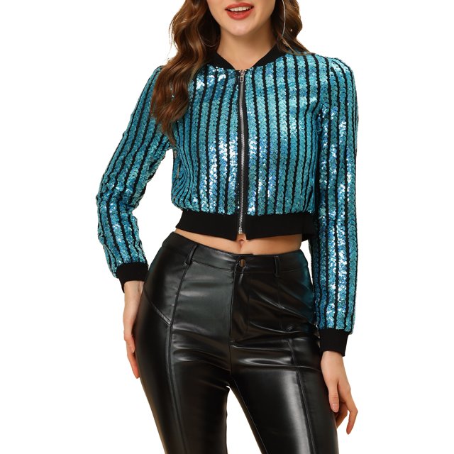 INSPIRE CHIC Blouson Bomber Court Métallisé à Manches Longues à Col Montant avec Fermeture Éclair pour Femme P Bleu