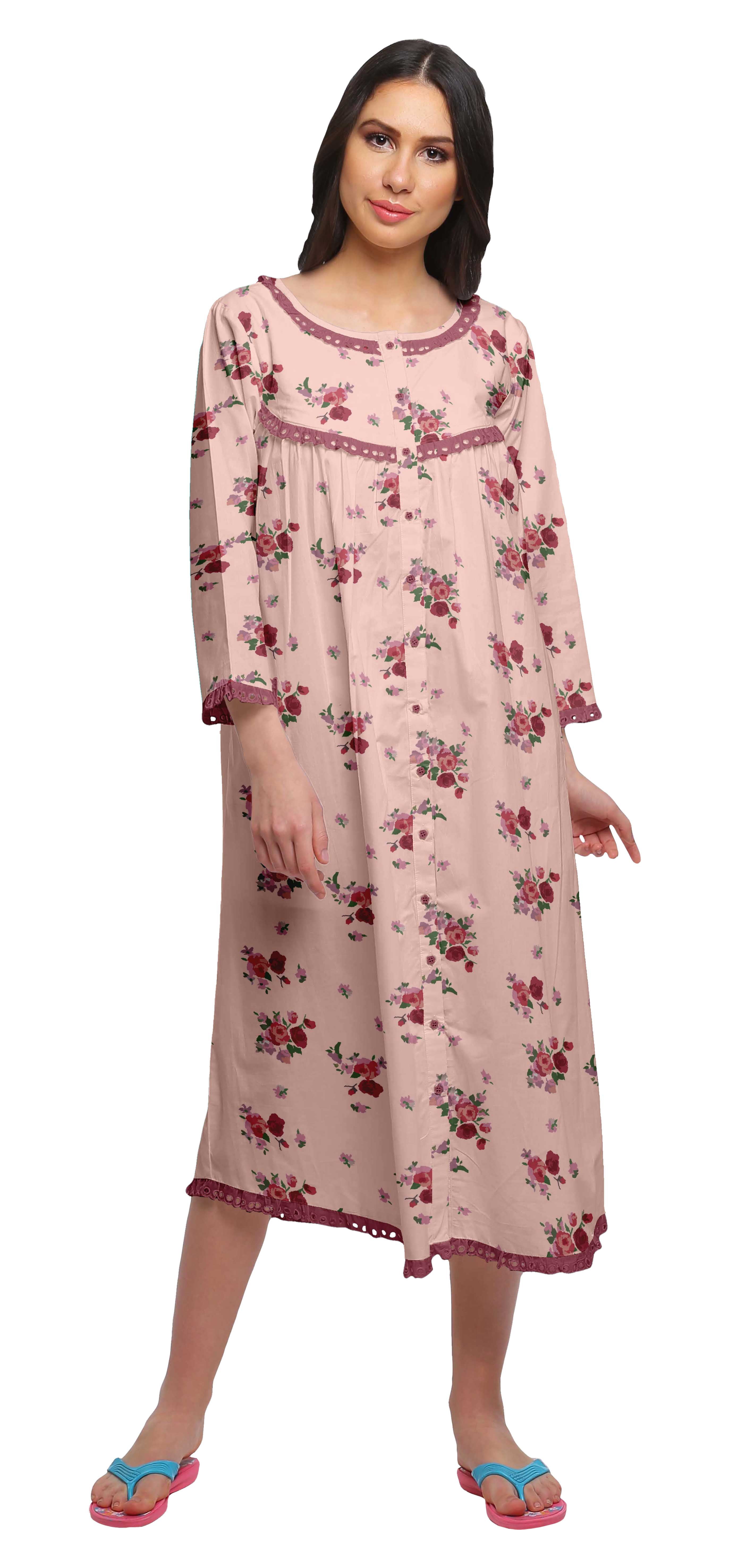 Moomaya Robe de Nuit Imprimée Longueur Genou en Coton avec Bordure en Dentelle Manches 3/4 pour Femmes
