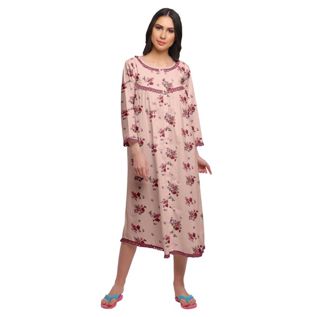 Moomaya Robe de Nuit Imprimée Longueur Genou en Coton avec Bordure en Dentelle Manches 3/4 pour Femmes