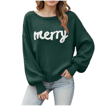 vigerkar Women Fashion Christmas Sweater Merry Letter Print Long Sleeve Crew Neck Knit Pullover Casual Xmas Holiday Jumper Tops (Dark Green, L)