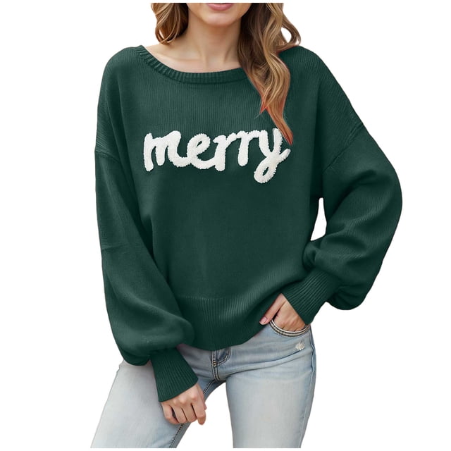 WUANDIXFA Chandail pour Femmes Chandails d'Automne pour Femmes Noël Automne Hiver Manches Longues Col Rond Haut Festif Chandails à Enfiler pour Femmes Vert Foncé,S