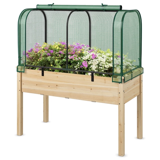 Costway Jardin Surélevé en Bois avec Housse Greenhouse, Trousse Greenhouse Mini Portable en Vert et beige. Ce Bac Surélevé en Bois de Sapin Présente une Housse PE Résistante aux Intempéries avec Portes Enroulables, Protégeant les Plantes de la Chaleur et du Givre. Conçu pour un Jardinage Ergonomique, Il Comprend des Trous de drainage, des Piquets Métalliques et des Bords Prolongés pour la Stabilité. Mesurant 48 Pouces par 22 Pouces par 30 Pouces, C'est un Accessoire Polyvalent pour centre de Jardin Idéal pour Prolonger la Saison de Culture.