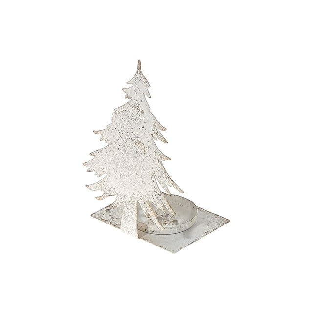 Candleholder Arbre en Métal Blanc Vieilli Montrant une silhouette de Pin en Métal Blanc Texturé sur une base Rectangulaire avec un Support Circulaire pour Bougies Piliers Ou Votives, Mesurant 3,54 par 2,83 par 6,1 Pouces, Idéal pour la Déco de Table et pour Créer une Ambiance Chaleureuse.