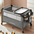 thumbnail image 1 of 4-in-1 Foldable Baby Playard, Portable Travel Crib Baby Playpen, Beside Bassinet with Diaper Changing Table and Side Door Design, Grey, 1 of 10