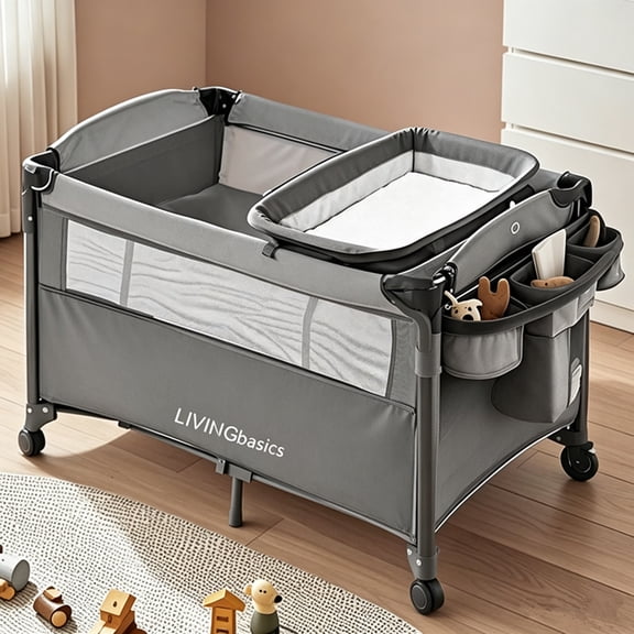 Parc pour Bébé Pliable 4-en-1, Lit de Voyage Portable Parc pour Bébé, Berceau à Côté avec Table à Langer et Porte Latérale, Gris