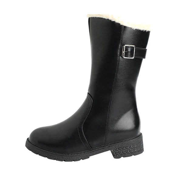 Pisexur Women's PU Leather Cowgirls Boots Warm Fur Lined Black Ankle Booties Side Zipper White Boots Non-slip Winter Boots