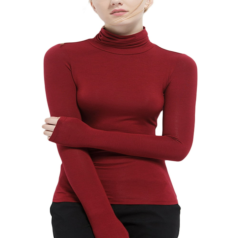Hauts de Base Chauds en Modal pour Femmes Coupe Ajustée Col Roulé Simulé Manches Longues Couches de Base Chandails Thermiques