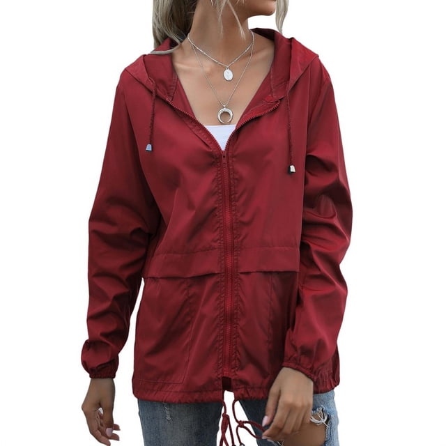 Women Hooded Jacket Waterproof Drawstring Hiking Rain Jacket Outwear Outdoor Sports Coat Jacket