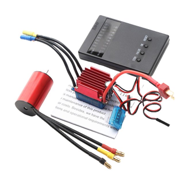 Segolike 2440 35A ESC Brushless Motor Programming Card Set, featuring a red 2440 brushless motor, a 35A ESC with heat sink, and a black programming card. Designed for 1/12 and 1/14 RC cars, this set is made of durable metal and includes connectors for easy installation. The motor measures 24mm x 40mm, the ESC is 45mm x 25mm x 27mm, and the programming card is 80mm x 53mm x 12mm.