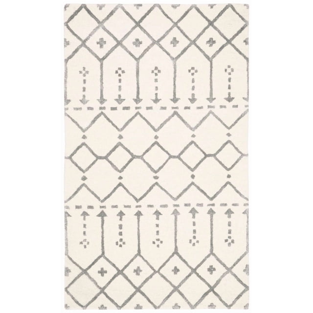 Safavieh Himalaya Darin Geometric Area Rug with a white background and gray hand-loomed wool geometric patterns including diamonds, arrows, and crosses, designed for modern home decor and suitable as an accent rug.