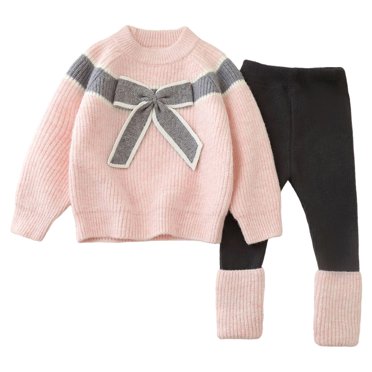 Girls Knit Sweater Cardigan And Leggings Two Piece Winter Outfit For Toddler Baby Soft Warm Bow Detail Round Neck Casual Set