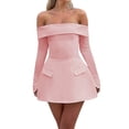 thumbnail image 2 of Robe Mini pour Femmes à Épaules Dénudées à Manches Longues Robe Trapèze Courte Robes Formelles Tenue de Fête Boîte de Nuit Rose G, 2 of 8