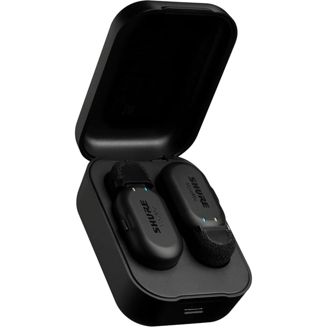 Shure MoveMic Two - Pro Direct to Phone Wireless Lavalier Microphones, model MV-Two-Z7, shown in a compact black charging case. Includes two Bluetooth-enabled mini lavalier microphones with discrete design and black windscreens. The case features a USB-C charging port and provides up to 24 hours of battery life with additional charges. Ideal for professional audio recording and livestreaming with ShurePlus MOTIV apps.