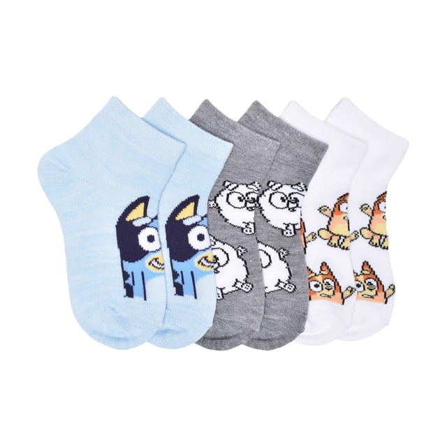 Bluey Socks 3-pack of kids’ ankle socks in light blue, grey heather, and white, each with playful Bluey character prints. Made from soft cotton-blend fabric with a snug ankle fit, ideal for everyday wear, playdates, and easy machine washing.