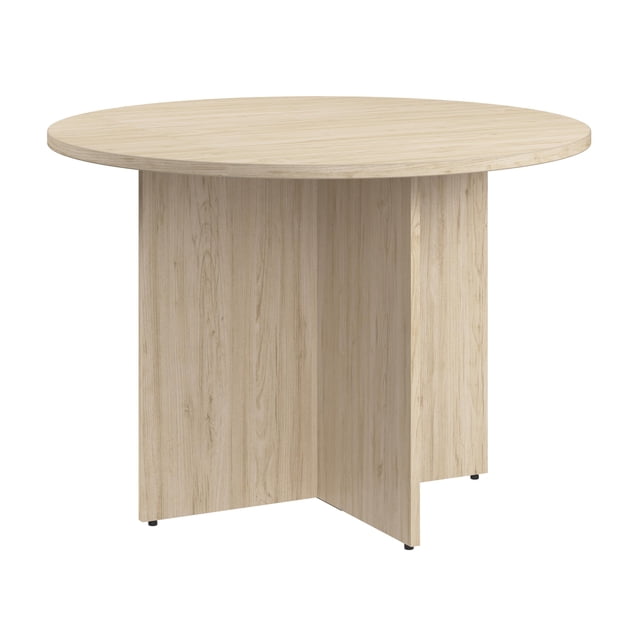 42W Round Conference Table with Wooden Base in Natural Elm - Engineered Wood