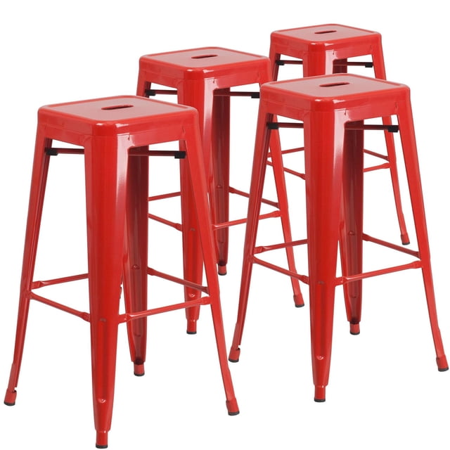 4 Pk. Commercial Grade 30" High Backless Red Metal Indoor-Outdoor Barstool with Square Seat
