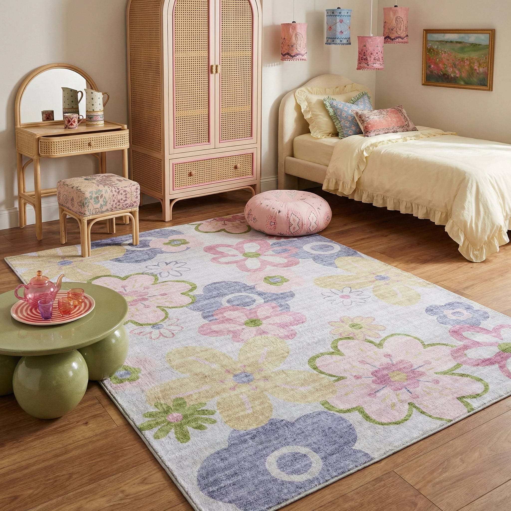 Rug Branch Soft Steps Playtime Fun Floral Soft Area Rug, Pink Purple - Boys & Girls in Playroom, Nursery, Bedroom