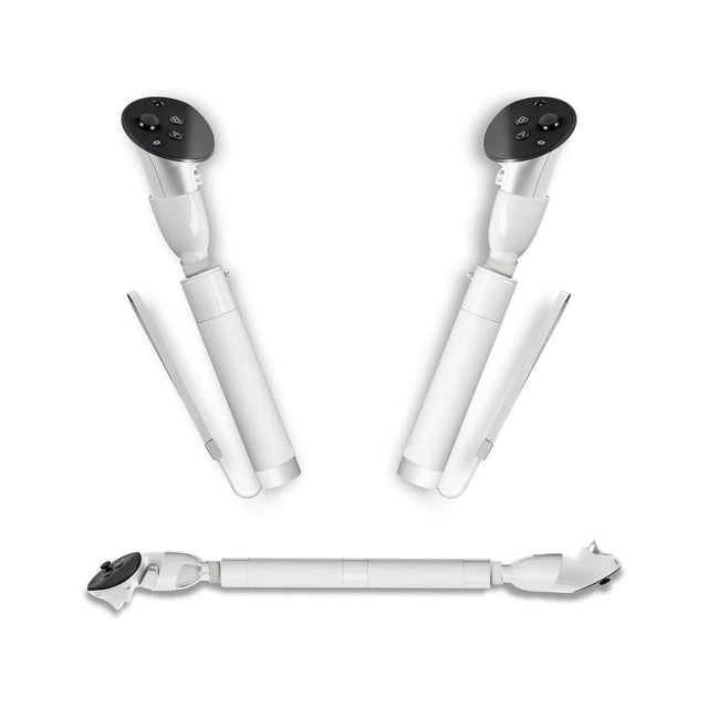 VR Game Handle Accessories for Meta Quest 3 Controllers, featuring dual extended handles with silicone anti-slip grips and adjustable configurations. Ideal for VR games like Beat Saber, Gorilla Tag, and Kayak VR: Mirage. Includes handle connector, hand ropes, and user manual for easy setup.