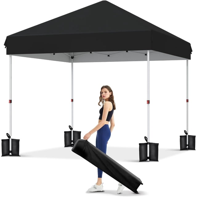 10x10 Pop Up Canopy with One Button Push Setup - Heavy Duty Outdoor Canopy Tent with Portable Roller Bag - 3 Adjustable Height, 4 Weight Bags, 8 Stakes & 4 Guy Ropes Included
