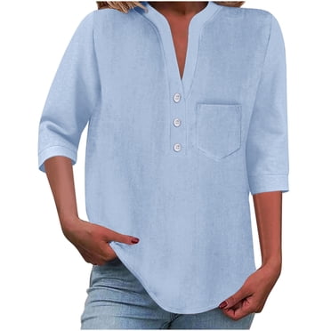 Lenpel Hauts pour Femmes à Manches 3/4, Col en V, Demi-Boutonnage, Couleur Unie, Chemises de Travail Business Casual, Tuniques Amples