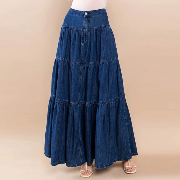 Amzcrzy Skirts for Women Trendy Button Jean Skirt Casual Low Rise Maxi Skirt Comfy Flowy Tiered Denim Skirt Long Skirts for Women M
