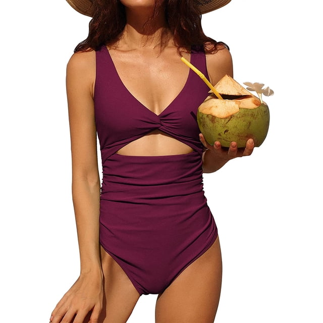 Charmo Womens V Neck One Piece Swimsuit High Cut Backless Cut Out Bathing Suits Swimwear