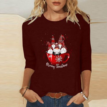 Xihbxyly 3/4 Sleeve Shirts for Women Women's Fashion Christmas Printed T-shirt 3/4 Sleeves Blouse Round Neck Casual Tops Holiday Gift Finder