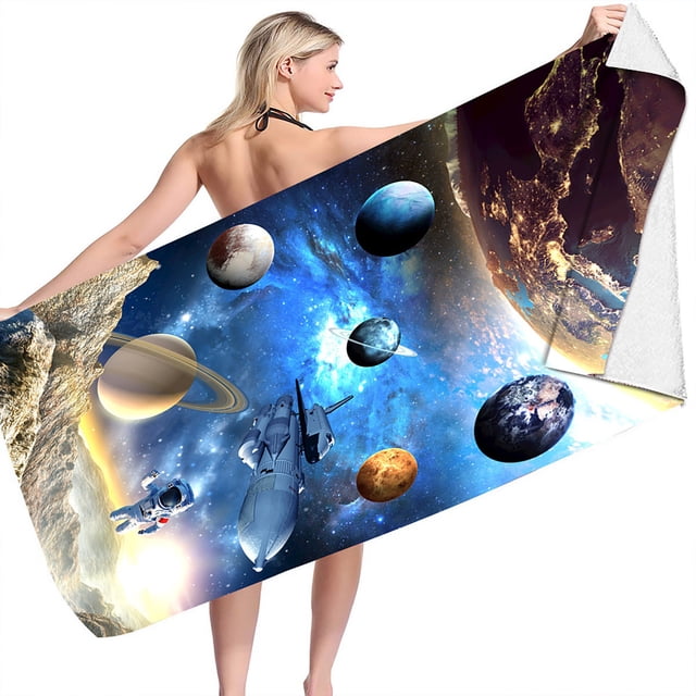 Astronaut Theme Beach Towel - Fun Printed Microfiber, Sandproof & Lightweight for Kids & Adults - 28x60 Inch