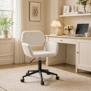 Homy Casa Upholstered Swivel Office Chair, Cream Fabric Desk Chair with Arms, Adjustable Height, Rolling Task Chair