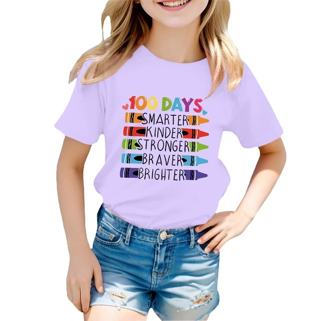 LUOGENLI T-Shirt pour Filles Enfants Mode Décontractée Imprimé Col Rond Manches Courtes Ample T-Shirt Maxi Chemises pour Filles Violet 8-9 Ans