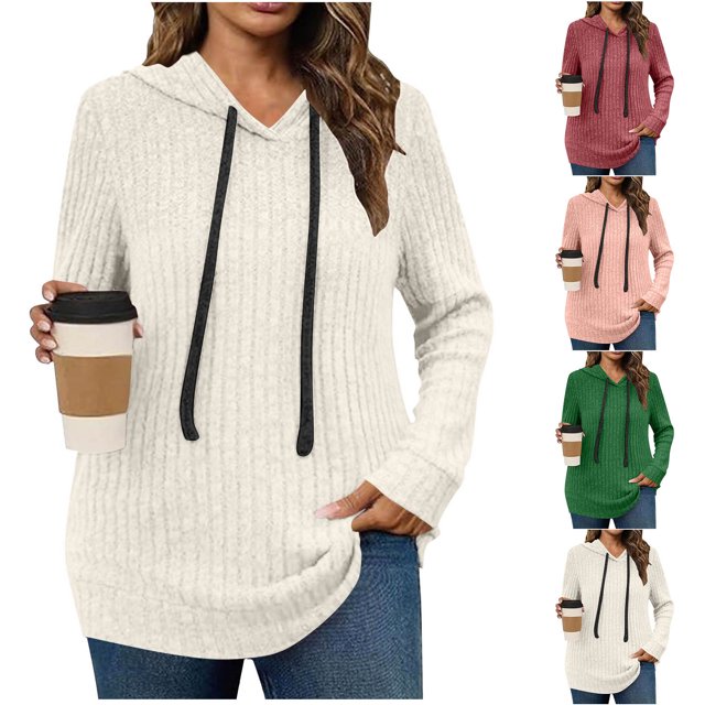 Yuyuzo Hoodies for Women Casual Ribbed Knit V Neck Sweatshirts Long Sleeve Fall Warm Pullover Sweater Tops