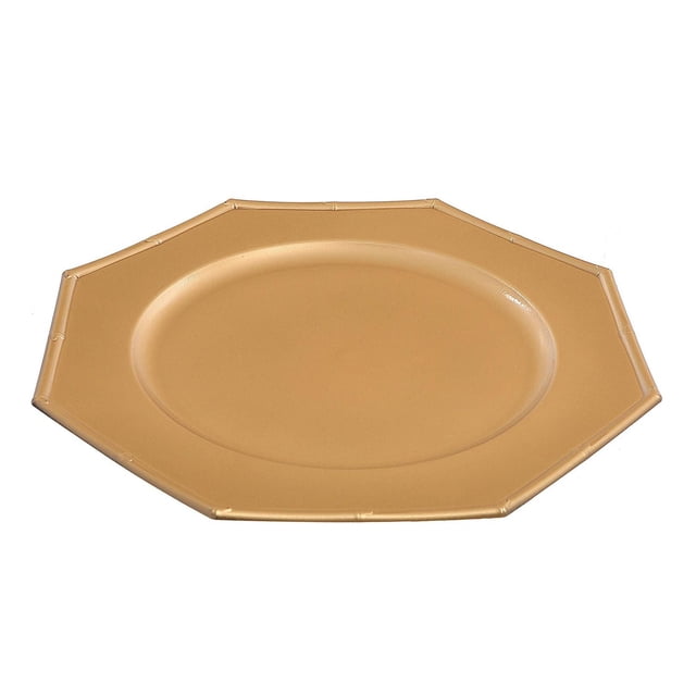 Assiette de Présentation (Octogone) (Or) (13 Pouces) - Ensemble de 6 Assiettes de Présentation Octogonales Dorées en Mélamine avec Centre Lisse Encastré et Rebord Texturé Inspiré du Bambou, Idéal pour Rehausser la Déco de Salle à Manger et de Cuisine, Convient Aussi à l'Exposition d'Articles Décoratifs.