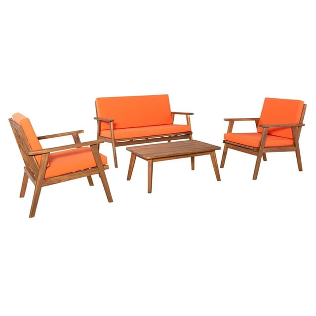 Linon Cooper Ensemble de Conversation d'Extérieur en Bois de 4 Pcs avec Coussins Orange en Brun Gland