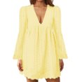 thumbnail image 1 of MAWCLOS Ladies Loose Hollow Out Mini Dresses Party Flared Sleeves Short Dress Yellow S, 1 of 2
