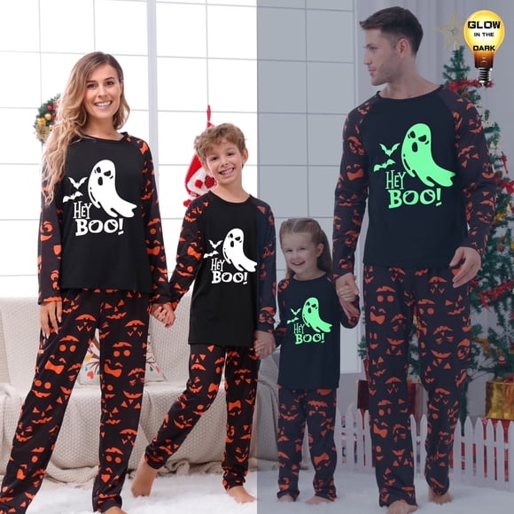 Family Halloween Pajamas for Family, Halloween Matching Family Pajamas, Glow Ghost Boo Halloween Pajamas Black Raglan Top Pumpkin Pattern Pants Long Sleeve Glowing Spooky Set for Trick Or Treat, M