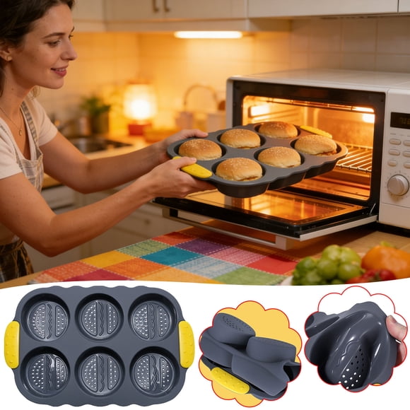 Yatlte Mesh Silicone Hamburger Bun Mould Non Stick Bun Baking Pan For Making Buns Great Perforated Molds For Gluten Free Buns 6 Loaf Each Cavity 4 Inch