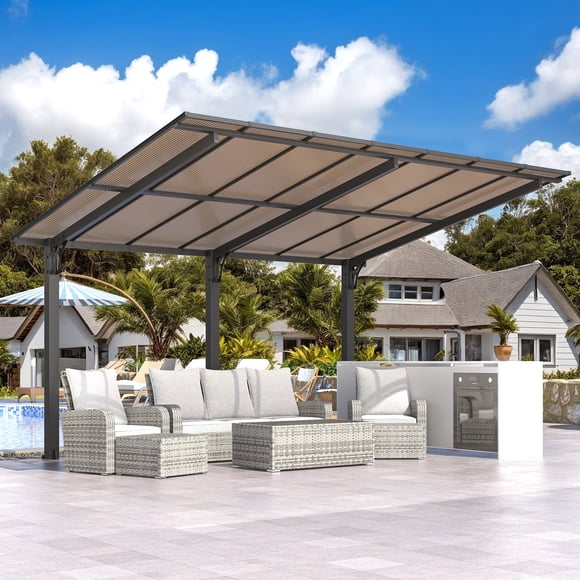 AECOJOY Pavillon 14 Pieds X 10 Pieds, Pavillon et Pergola d'Extérieur à Toit Rigide Montés au Mur avec Cadre en Aluminium pour Patio, Véranda et Cour Arrière, Noir