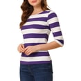 thumbnail image 4 of INSPIRE CHIC Chemises Rayées pour Femmes Coupe Ajustée Manches au Coude T-Shirt Col Bateau L Violet Blanc, 4 of 6