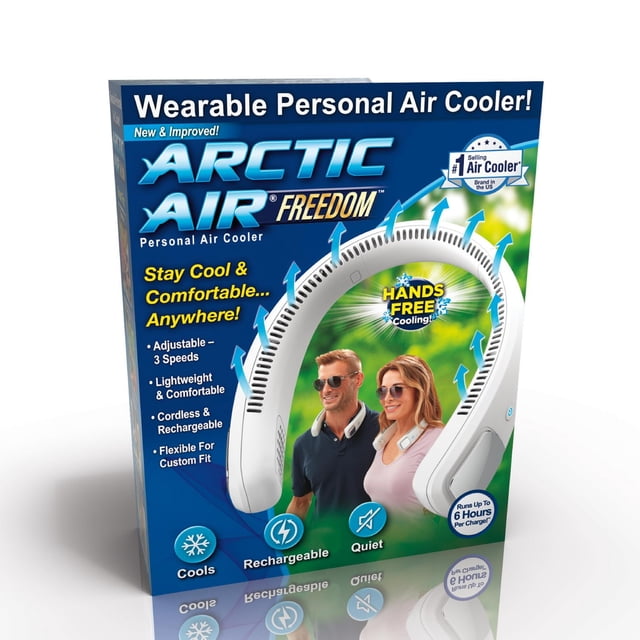 Arctic Air Freedom Personal Air Cooler packaging showing a wearable, hands-free white neck fan with flexible design for custom fit. Features include adjustable 3-speed cooling, lightweight comfort, USB rechargeable battery with up to 6 hours runtime, and quiet operation. Blue arrows illustrate airflow for personal cooling.